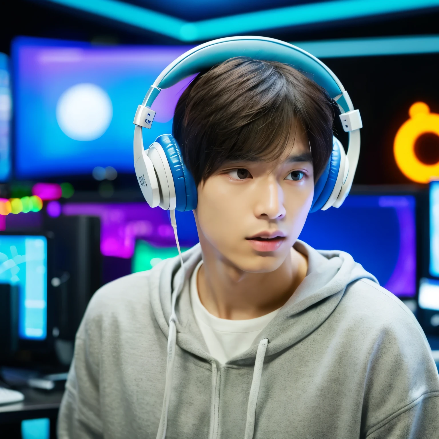 A man who has headphones in his ears will have a reaction wow and  computar monitor background 