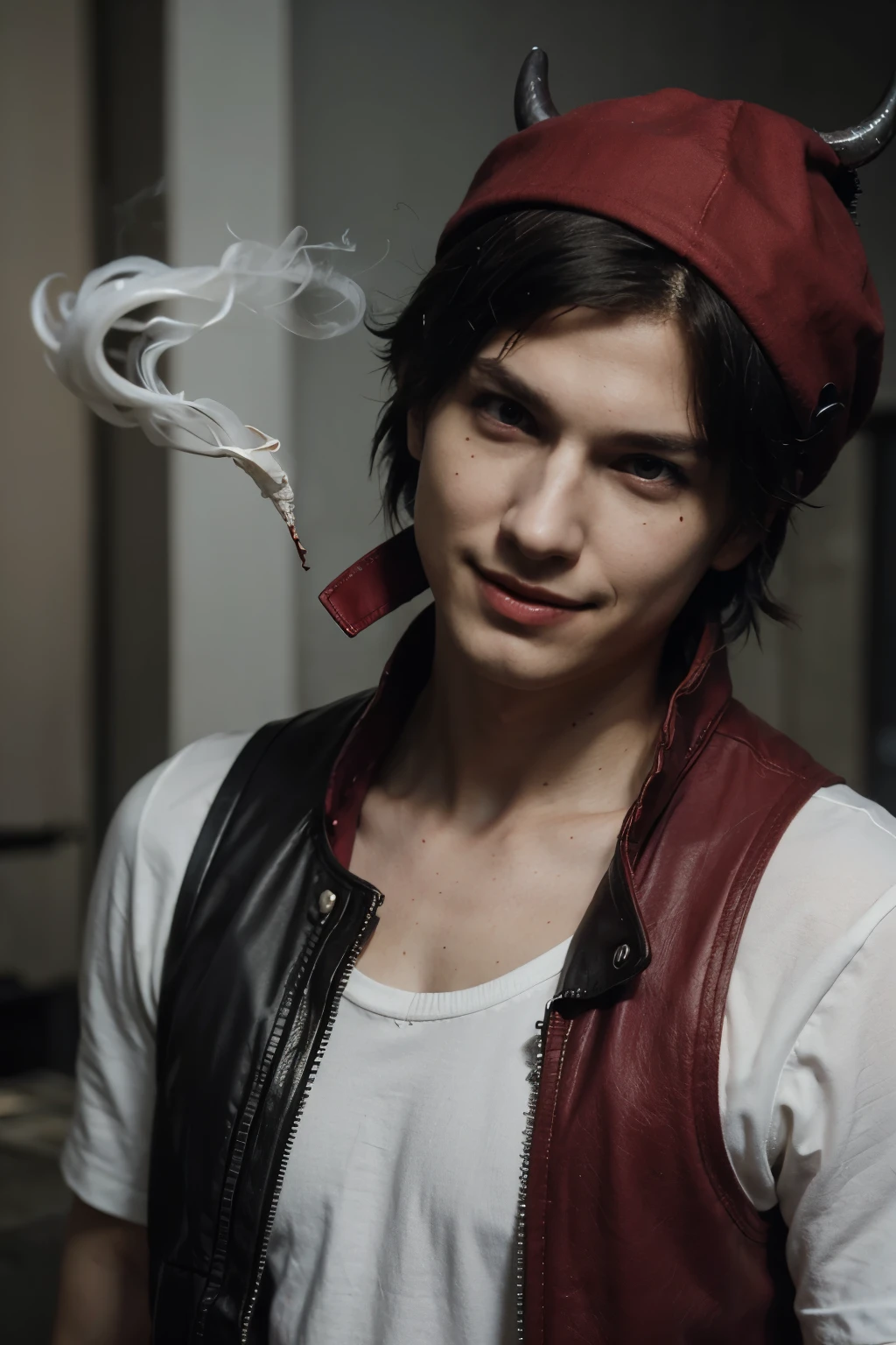 ((devil may cry cartoon style)), slender male man, using a red hat, using a red vest, with white pants, black hair, brown eyes, smoking a cigarette, with a devious smile