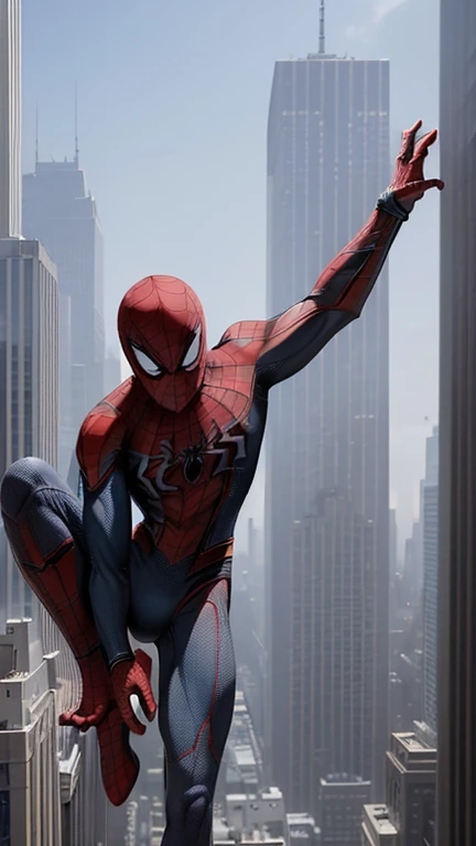 (masterpiece, a high resolution, detailed:1.3), Amidst That towering skyscrapers of New York City, young ((Spider-Man)) perches, ((shirtless)), revealing a toned physique, honed by countless acrobatic swings between buildings. Even without That full suit, That, in the style of Alfonso Mucha