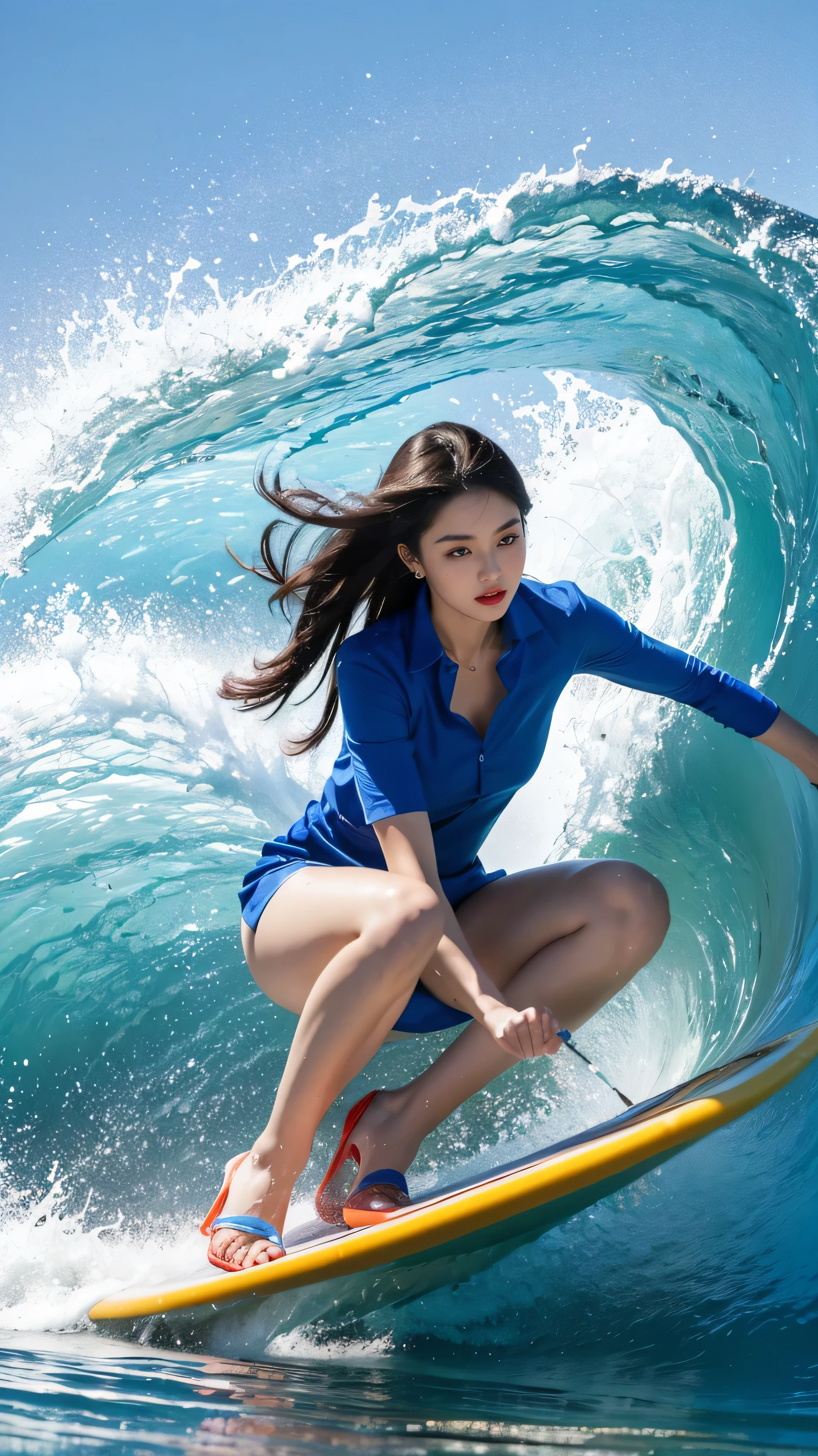 highest quality,masterpiece,Ultra-high resolution,(Actual:1.4),Original photo,Ultra-high resolution，8k，There are women，Fair skin，Exquisite makeup，Riding the big wave of red lips，Riding a blue surfboard、Blue shirt dress，High heels，Long legs，Bright and beautiful