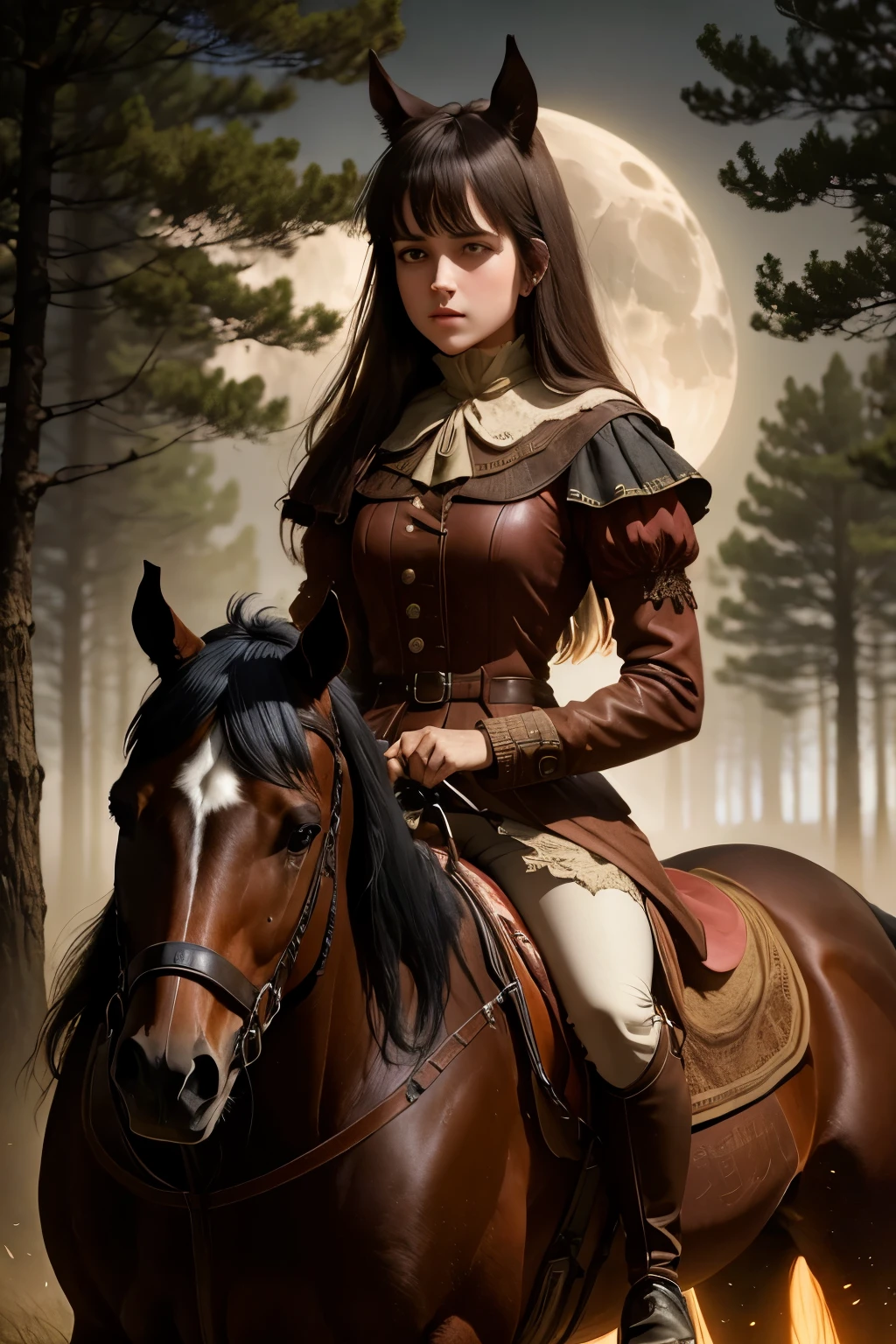 girl rides horse (best quality,highres:1.2),ultra-detailed,realistic,moonlight,lit ,dense mist,dreadfully beautiful,twisted trees,