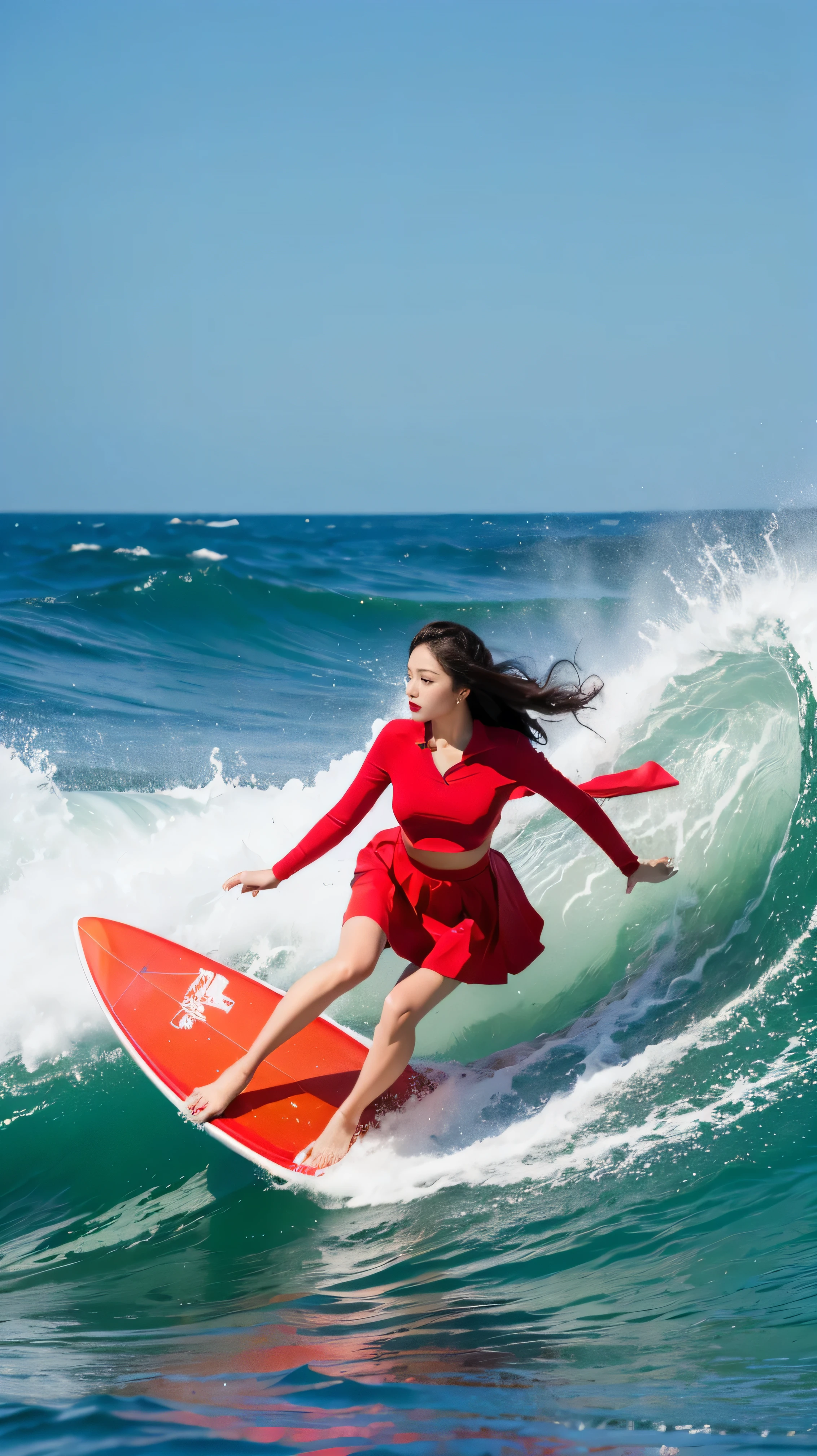 highest quality,masterpiece,Ultra-high resolution,(Actual:1.4),Original photo,Ultra-high resolution,8k,There are women,Fair skin,Exquisite makeup,Riding the huge wave of red lips,Riding a red surfboard、Blue Shirt、Blue long flared skirt,High heels,Long legs,Bright and beautiful