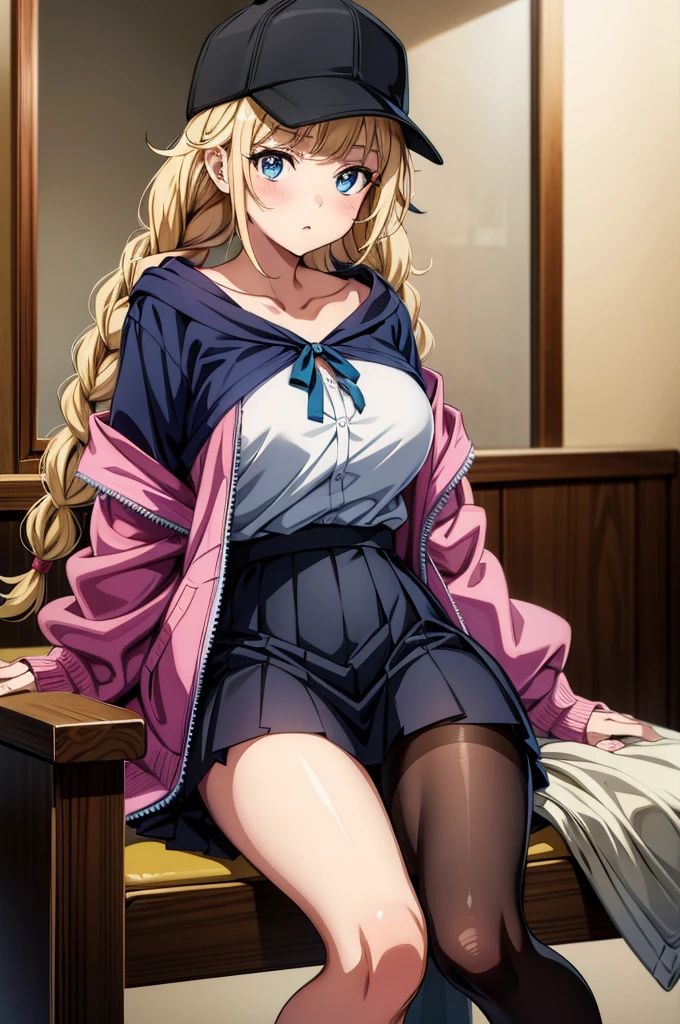 an anime style female sitting in a chair in a room, wearing a hat and hat-trimmed jacket, 1girl, pantyhose, solo, braid, breasts, thighband pantyhose, blue eyes, hat, shirt, sitting, skirt, long hair, jacket, large breasts, twin braids, white shirt, indoors, looking at viewer, blush, open jacket, blonde hair, off shoulder, black pantyhose, long sleeves, black footwear, baseball cap, bangs