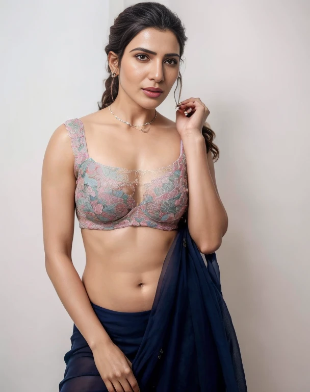night scene, extreme closeup photo of naked samantha ruth prabhu with blue eyes, in bedroom, hourglass figure, swooping breasts, showing deep cleavage and navel, greek hair, necklace, sexy see through bra, pink flower, sultry, look at viewer lusciously(photorealistic:1.3), intricate details