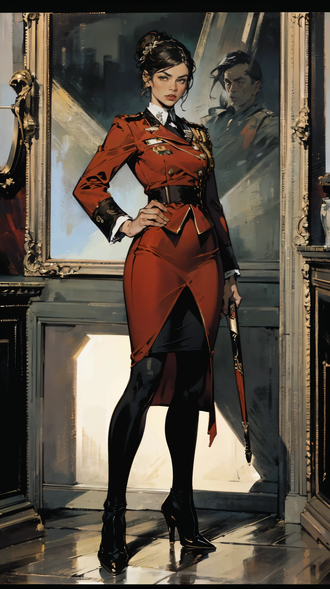 (Best quality, 4K, high resolution, masterpiece, ultra-detailed, realistic anatomy, photo-realistic:1.37), alluring mature woman, high-ranking military officer, (wearing Prussian Field Marshal uniform), (dark gray double-breasted jacket adorned with medals), (matching pencil skirt), Prussian field marshal cap, black stocking, heel boots, chestnut hair, elegantly styled in a chignon bun, standing authoritatively while holding the Field Marshal's baton, This full-body portrait captures her formidable presence and power, with sharp focus on her uniform's intricate details, her numerous medals, and her intense gaze, The image evokes an aura of experience, discipline, and supreme authority, set against an impressive military headquarters backdrop,