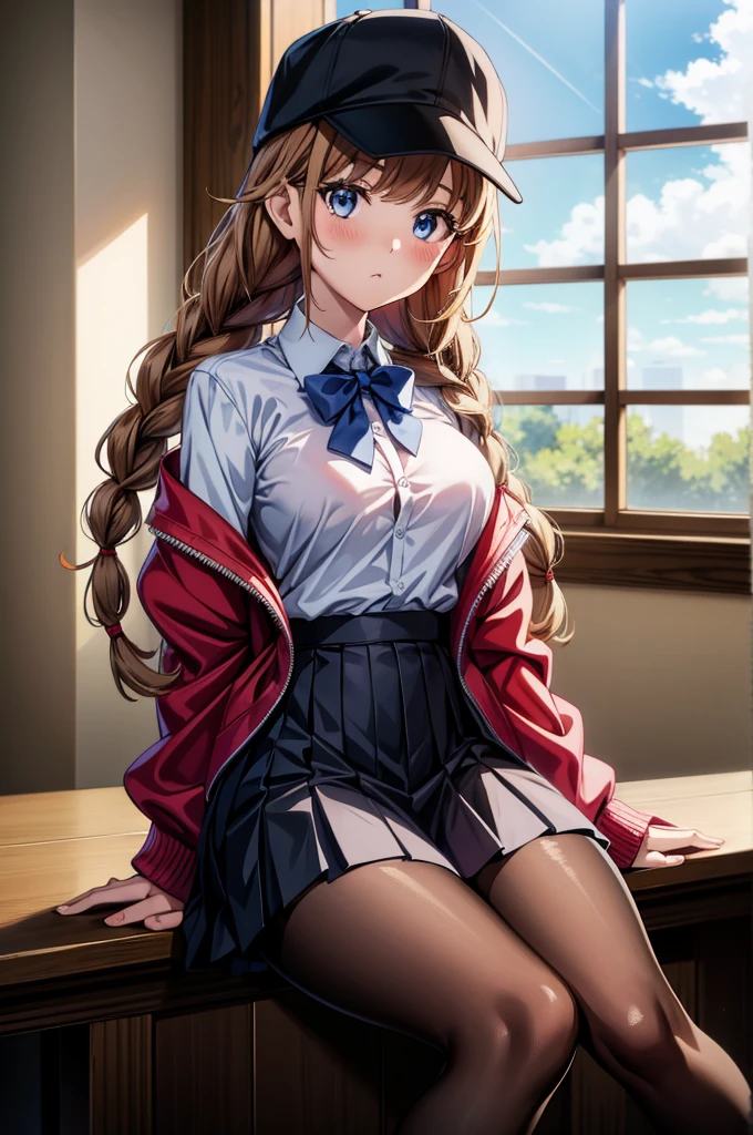 ((4K, masterpiece, highest quality)), 1 girl, anime, Light brown SHRT hair, red eyes, medium breasts, cute, blush, Sweat,pleated skirt, underwear, spread your legs, Thighhighs, Thighhighs