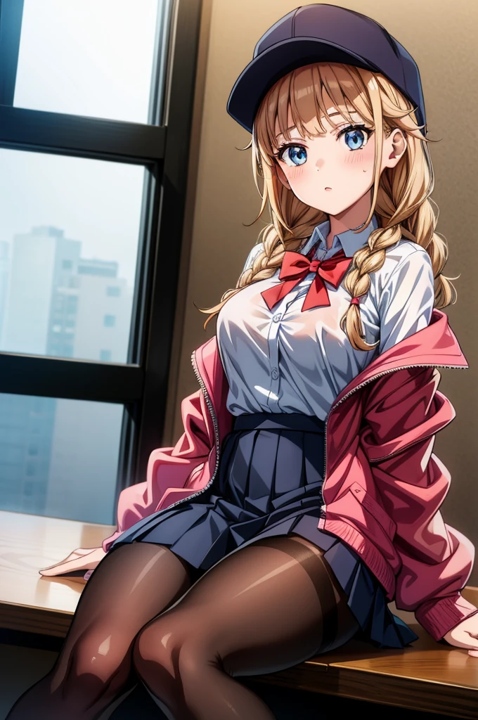 a girl next to other girl in anime and real life setting with no clothes, 1girl, braid, twin braids, skirt, pantyhose, solo, hat, long hair, blue eyes, breasts, sitting, indoors, underwear, shirt, jacket, panties, looking at viewer, white shirt, pleated skirt, brown pantyhose, blush, desk, brown hair, long sleeves, open jacket, baseball cap, thighband pantyhose, bangs, large breasts, off shoulder, , red jacket, window, bow, bowtie