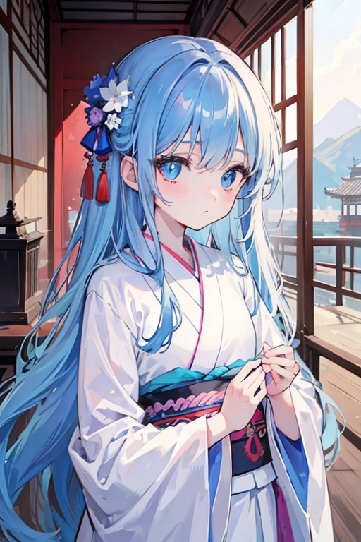 girl,east asian architecture, Blue eyes, big eyes,droopy eyes, With blue flower corsage and skyblue ribbon ,Slender body, upper body, White long hair, kimono