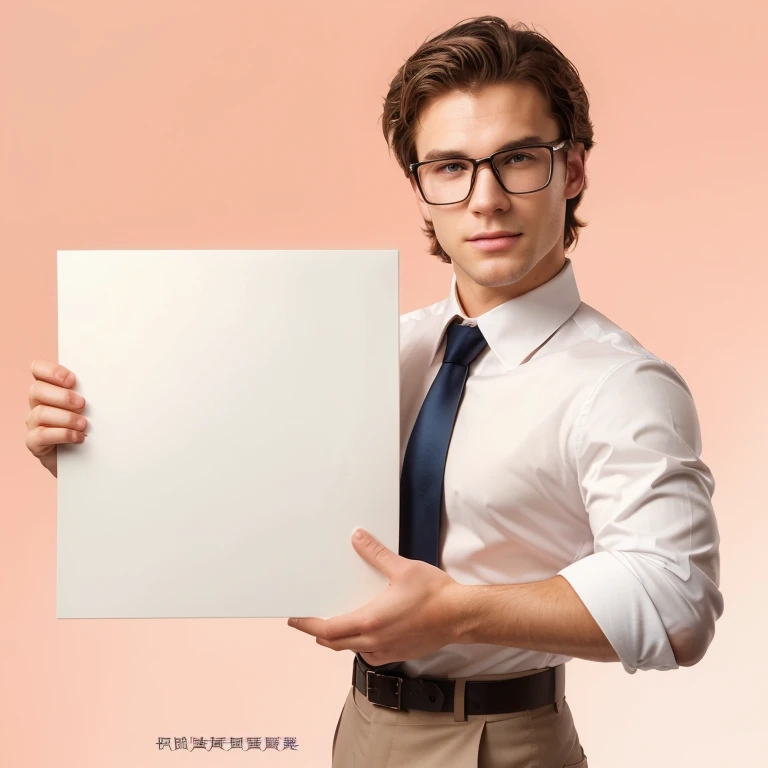 there is a man holding a sign with a tie on, subject action: holding sign, subject action : holding sign, cool marketing photo, promotional render, handsome stunning realistic, he is holding a large book, advertising photo, solid background, high quality portrait, young man with medium - length, professional advertisement, marketing photo, handsome man, funny professional photo, photo render