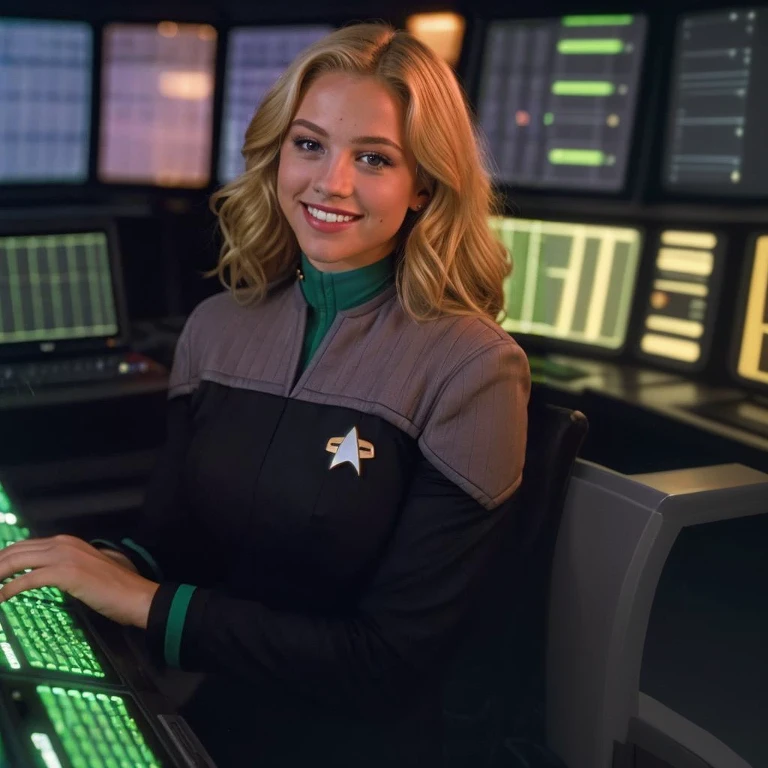 arafed woman in a star trek uniform sitting at a computer, in starfleet uniform, as a starfleet officer, in full starfleet uniform, starfleet uniform, futuristic starship crew member, starfleet uniforms, beautiful stella maeve magician, commander riker, cory chase as an atlantean, gorgeous stella maeve magician, emma watson in star trek