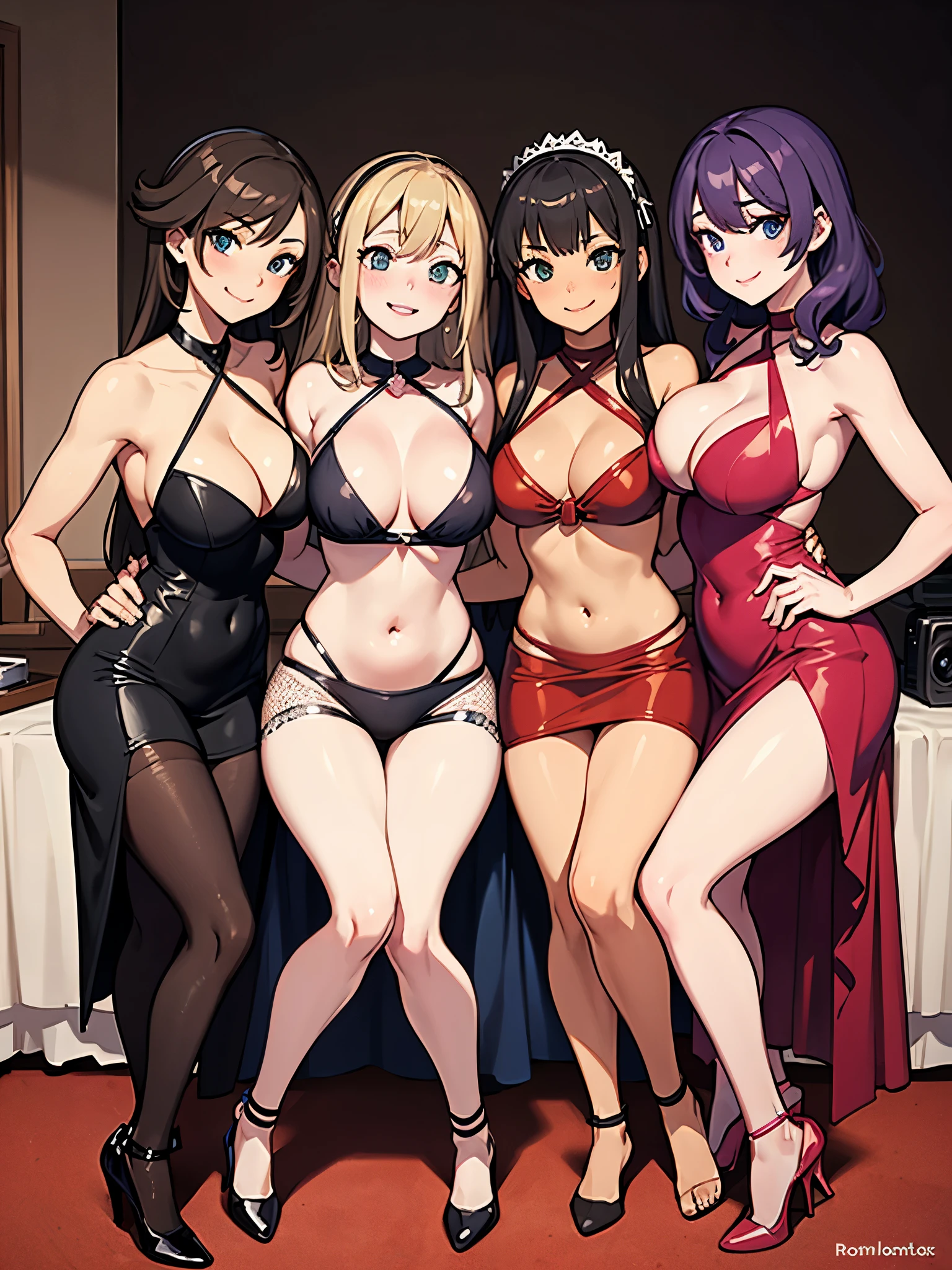 four sexy women looking at camera, flirtatious smiles, babysitters outfits, portrait