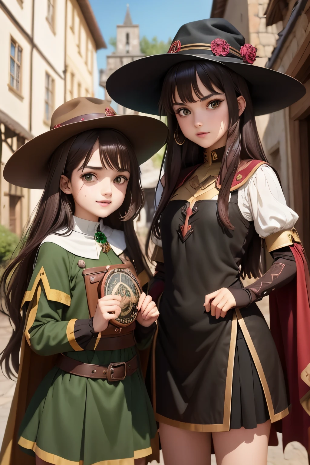 Megumin archimage and her daughter  Esmeralda archmage's apprentice (Have brunette color hair and dark green eyes, wearing sorcerer hats, medieval city, fight against enemy,