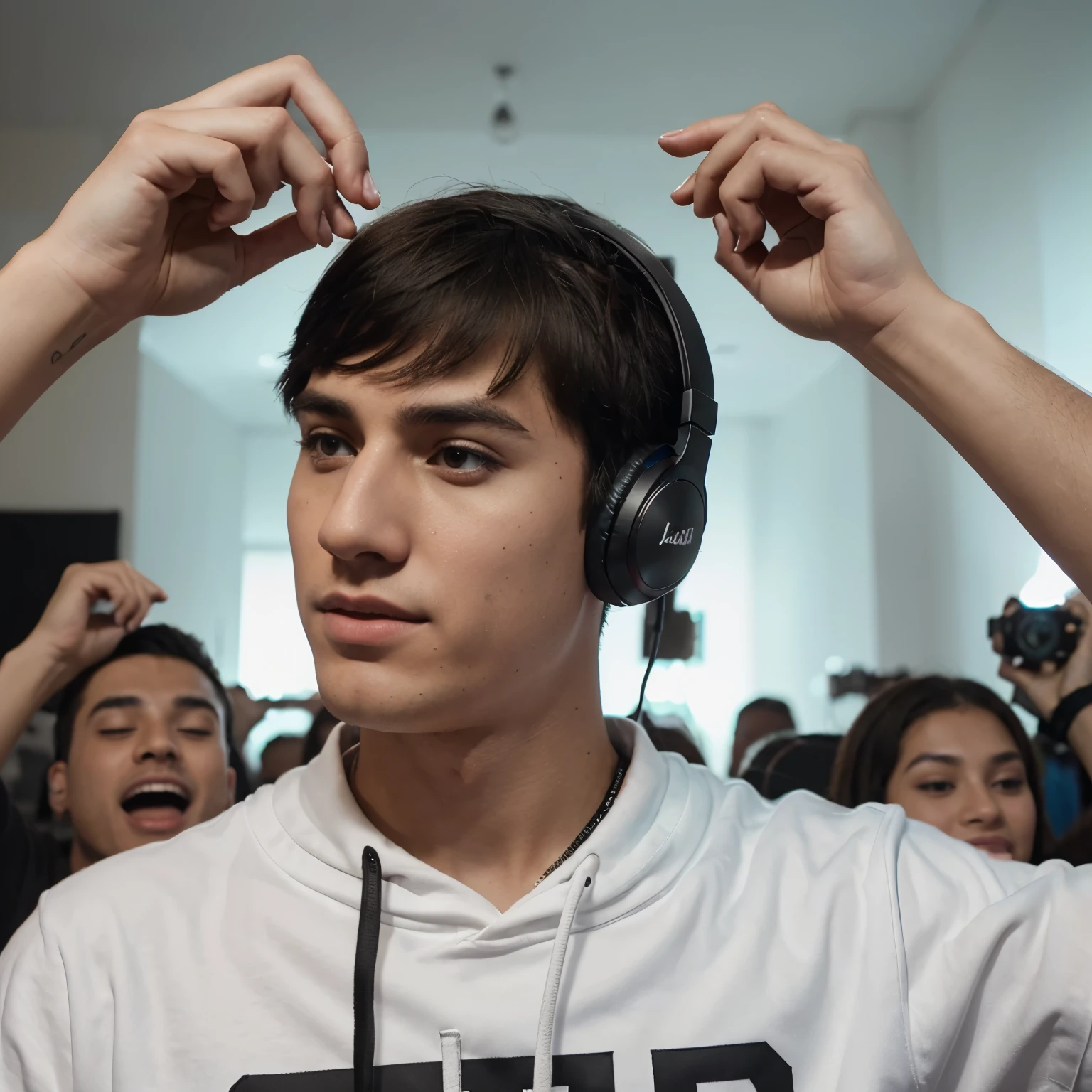 A youtuber who has headphones in his ears will have a reaction wow and his hand will be raised