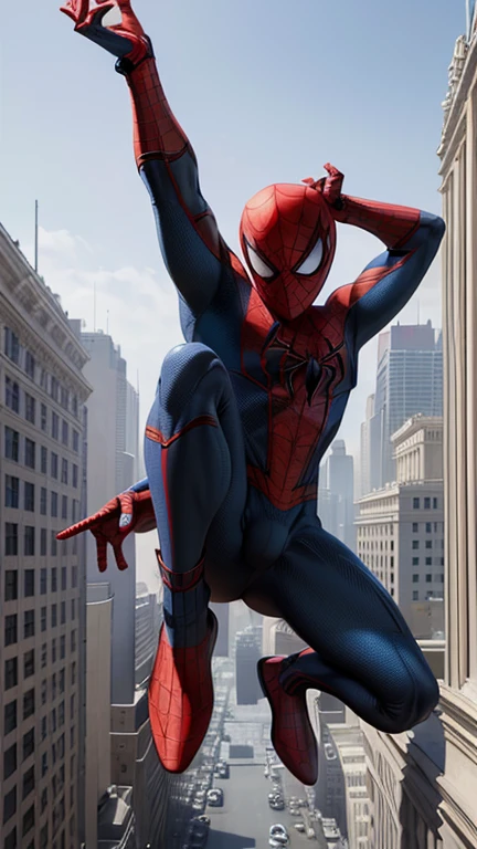 (masterpiece, a high resolution, detailed:1.3), Amidst That towering skyscrapers of New York City, young ((Spider-Man)) perches, ((shirtless)), revealing a toned physique, honed by countless acrobatic swings between buildings. In the jump, bottom view, фокус на прмежность Even without That full suit, That, in the style of Alfonso Mucha