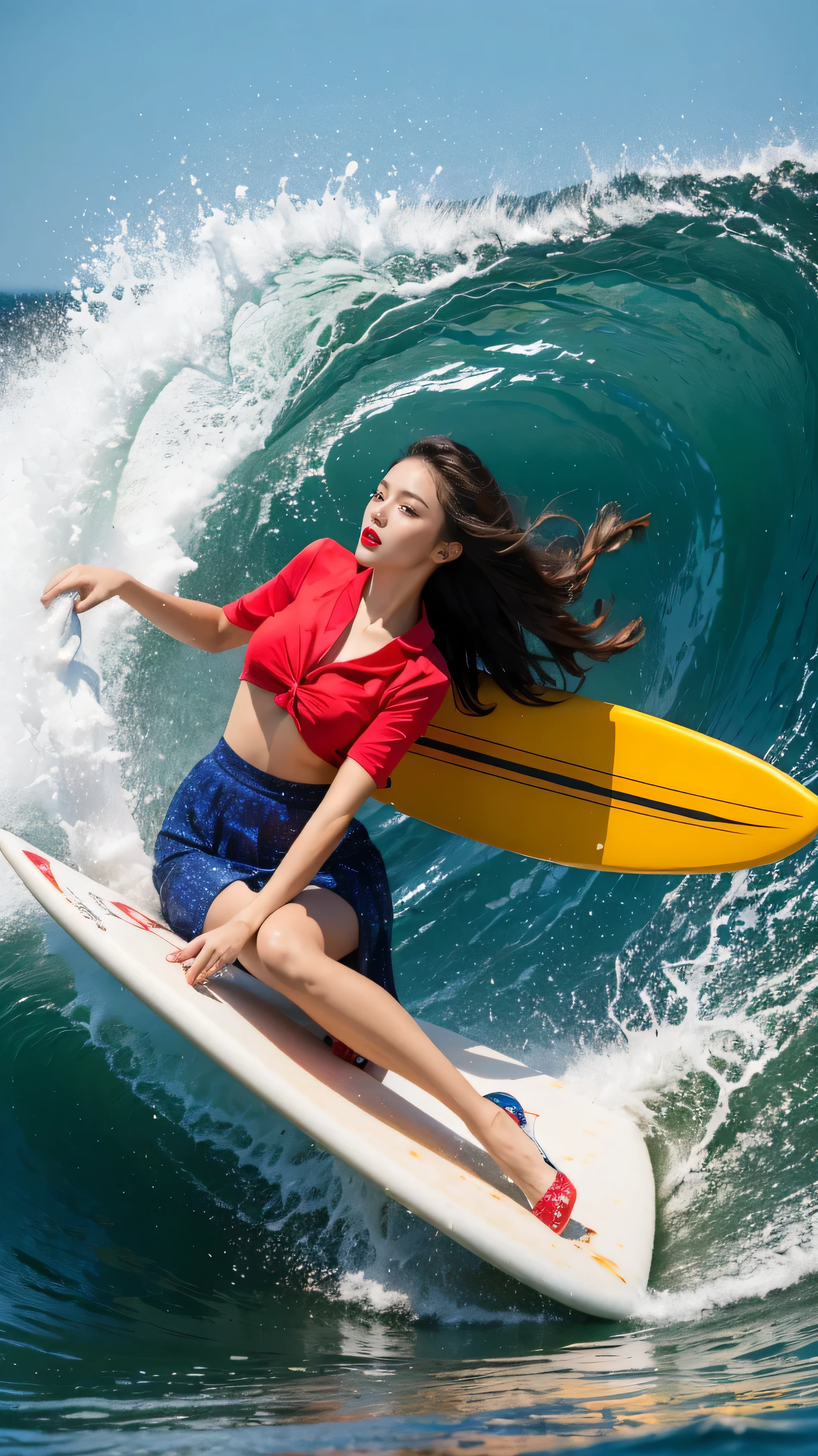 highest quality,masterpiece,Ultra-high resolution,(Actual:1.4),Original photo,Ultra-high resolution，8k，There are women，Fair skin，Exquisite makeup，Riding the huge wave of red lips，Riding a red surfboard、Blue Shirt、Blue long flared　skirt，High heels，Long legs，Bright and beautiful