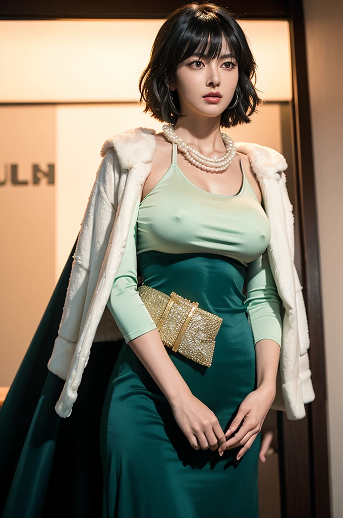fubuki,,fubuki (One Punch Man),1 girl,big breasts、Green Long Dress,collar、long sleeve、pearl necklace、Beauty、long sleeve、collar、beautiful woman、beautiful face