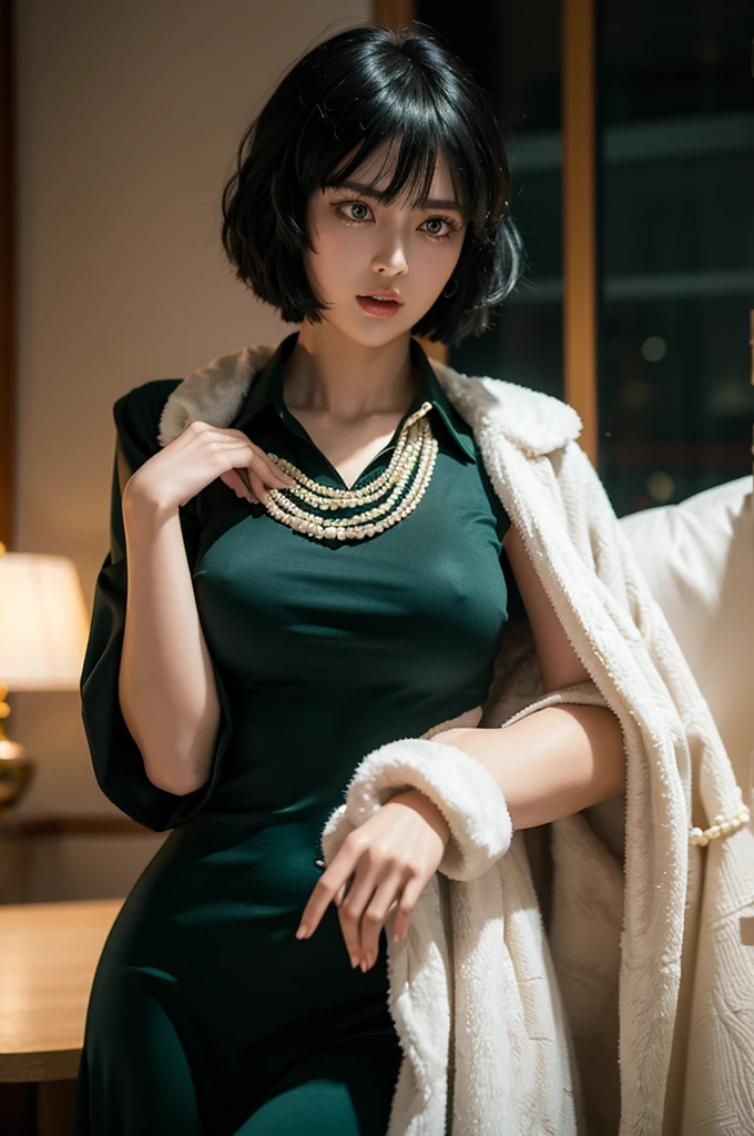 fubuki,,fubuki (One Punch Man),1 girl,big breasts、Green Long Dress,collar、long sleeve、pearl necklace、Beauty、long sleeve、collar、beautiful woman、beautiful face