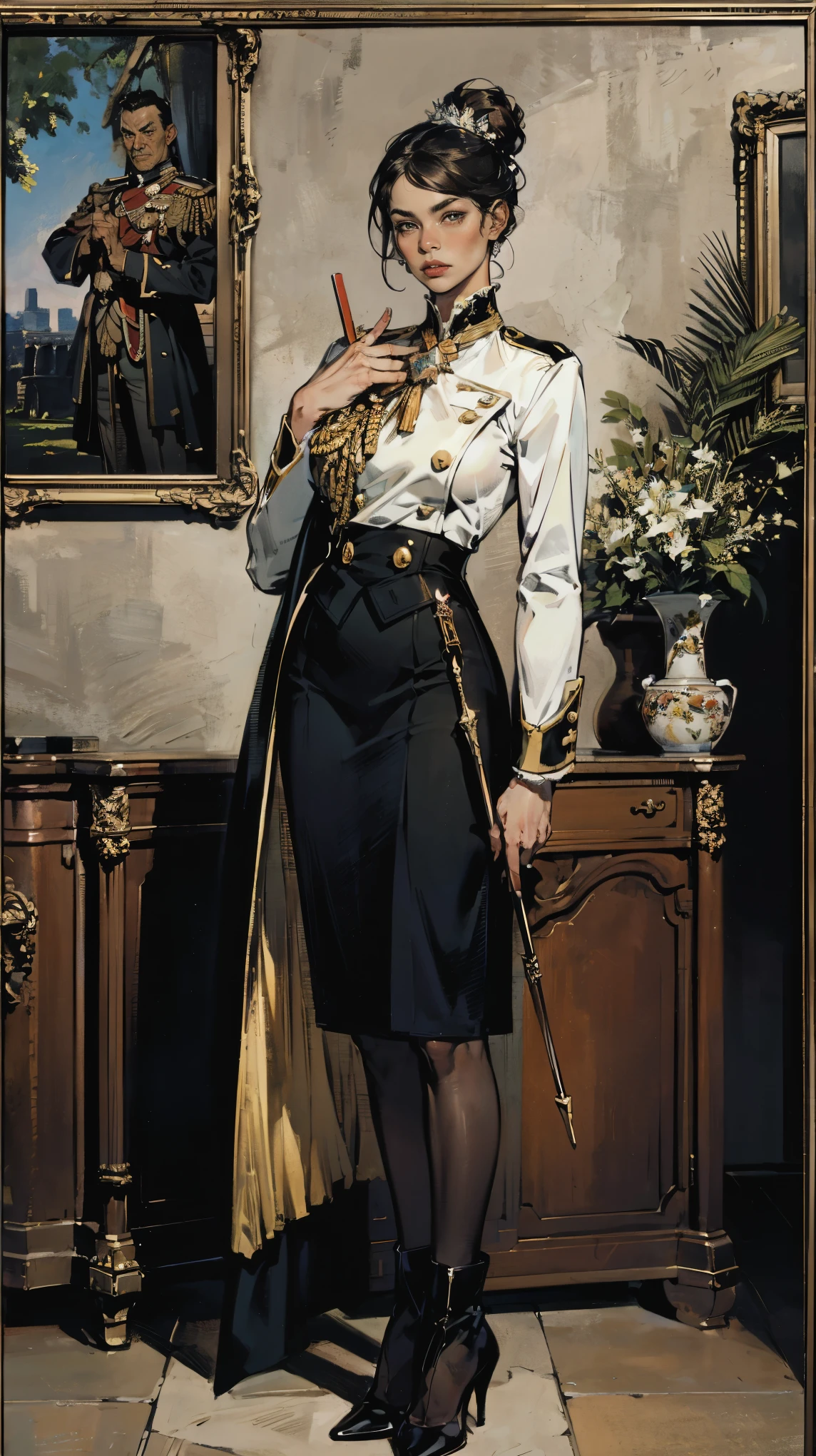 (Best quality, 4K, high resolution, masterpiece, ultra-detailed, realistic anatomy, photo-realistic:1.37), alluring mature woman, high-ranking military officer, (wearing Prussian Field Marshal uniform), (black double-breasted jacket adorned with medals), (matching pencil skirt), Prussian field marshal cap, black stocking, heel boots, chestnut hair, elegantly styled in a chignon bun, standing authoritatively while holding the Field Marshal's baton, This full-body portrait captures her formidable presence and power, with sharp focus on her uniform's intricate details, her numerous medals, and her intense gaze, The image evokes an aura of experience, discipline, and supreme authority, set against an impressive military headquarters backdrop,