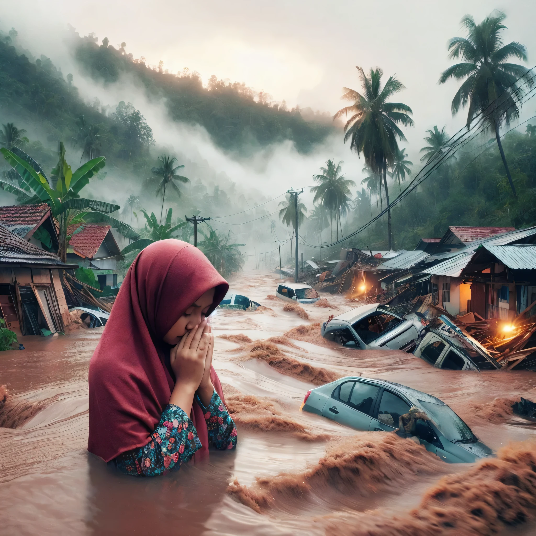 create a natural disaster event in West Sumatra, floods, people's houses destroyed, cars & boats washed away, coconut trees & banana trees uprooted, electricity poles down, landslides, foggy mountain & rice field background, broken highway, close up photo of a mother & her sitting holding his while praying, 8K, realistic HD