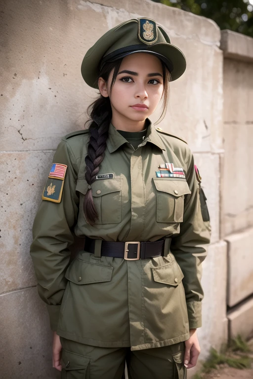 Mujer en uniforme posando para una foto frente a una pared, chica militar, beautiful female soldado, infantry girl, soldado girl, wearing a uniforme militar, wearing uniforme militar, portrait of a female soldado, portrait of soldado girl, militar, Army Uniform, soldado, wearing dirty soldado uniform, in a soldado uniform, in uniform, uniforme militar.