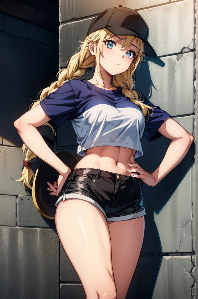 a sexy anime styled woman leaning against a gray brick wall having a drink, 1girl, solo, shorts, hat, navel, blue eyes, long hair, shirt, short shorts, braid, baseball cap, black shorts, twin braids, short sleeves, looking at viewer, against wall, white shirt, thighs, breasts, midriff, black headwear, stomach, cowboy shot, blonde hair, ponytail, crop top