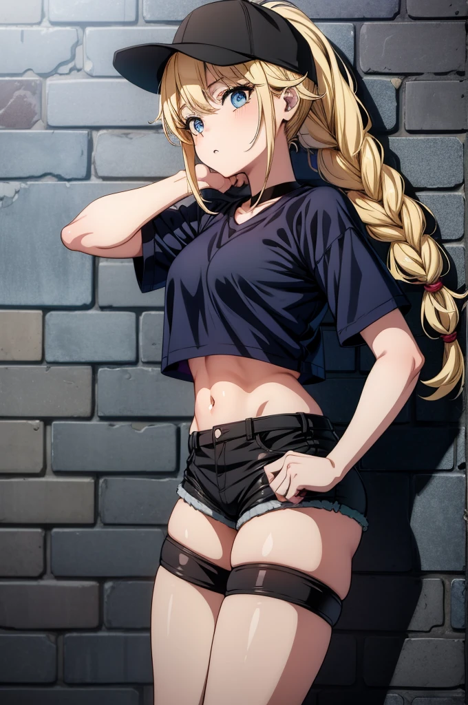 (((grayscale)))(masterpiece:1.2, best quality), (graffiti wall:1.15)looking at viewer, , darcimason, blonde hair, ponytail, (azure eyes), (good eyes), black lipstick, thin waist, masterpiece, high quality, 8k, necklace, (black sport bra), (black sport panties), (white baggy pants), sneakers, red ankle socks, gold chain, black choker, from behind, looking back,Eiko Tsukimi, blue eyes, braid, twin braids, (((blonde hair)))), semi long hair,baseball cap