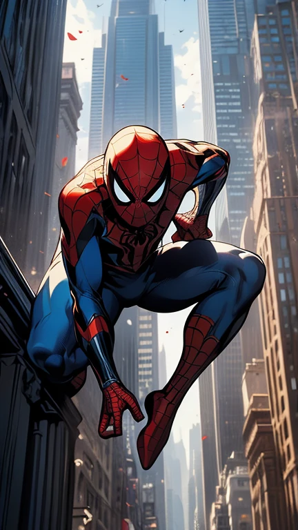 (masterpiece, a high resolution, detailed:1.3), Amidst That towering skyscrapers of New York City, young ((Spider-Man)) perches, ((shirtless)), revealing a toned physique, honed by countless acrobatic swings between buildings. In the jump, bottom view, фокус на прмежность Even without That full suit, That, in the style of Alfonso Mucha
