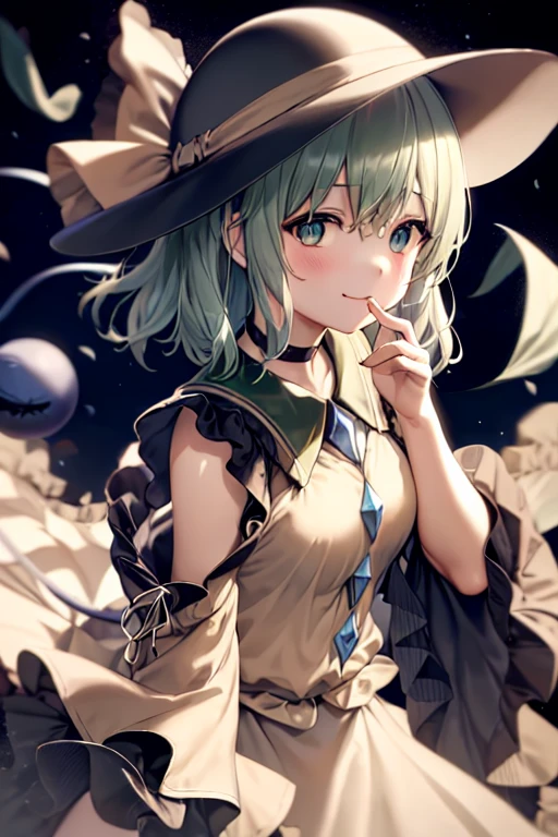 masterpiece, best quality, 1girl, solo, green eyes, komeiji koishi, hat, green hair, flower, blue flower, blue rose, rose, detached sleeves, short hair, bare shoulders, third eye, breasts, bow, smile, petals, dress, from side, medium breasts, looking at viewer, outdoors, black headwear, long sleeves, frills, cloud, wide sleeves, hat bow, closed mouth, choker, alternate costume, sky, black dress, white bow, blush, bangs, hair between eyes, flower field, finger to mouth, frilled sleeves, hand up, field, strapless, eyeball, white skirt, cloudy sky, hat ribbon, ribbon, strapless dress, detached collar, finger to cheek, adapted costume, standing, cowboy shot, upper body