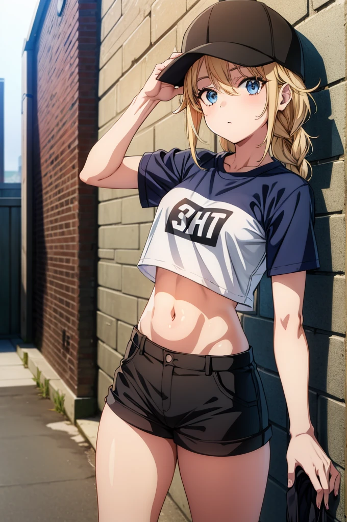 、Raise your arms、Blonde and short-haired、Purple eyes、Tank top、Baggy shorts、