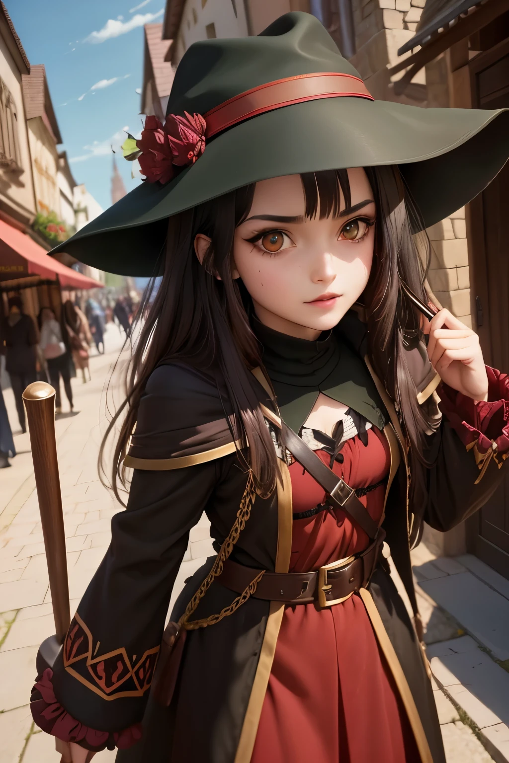 Megumin archimage /have black hair and red eyes) and her daughter Esmeralda archmage's apprentice (Have brunette color hair and dark green eyes), wearing sorcerer hats, medieval city, fight against enemy,