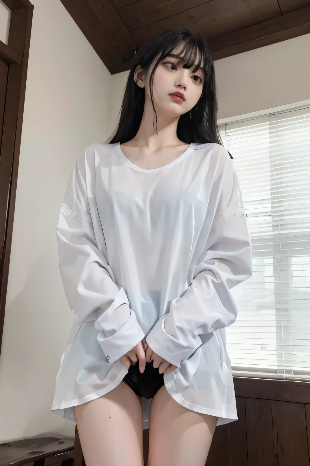 Masterpiece、highest quality、Woman 1、Super detailed、A woman looking up from directly below Black Hair、Long Hair、Blunt bangs wet hair Wet shirt、over size white shirt、Long shirt shirt lift、Lift the shirt with both hands、Swimsuit under shirt Soft thighs ceiling