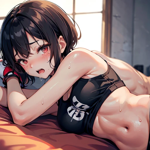 Cute Japanese high school girl with short cut, dark hair, drenched in sweat. Mixed martial arts gym. She is lying on her front. She is holding her painful reddish belly with both hands, both eyes tightly closed, screaming and in agony. Out of breath, tank top, leggings, open finger gloves. Small breasts, poor belly, slender body, poor body.