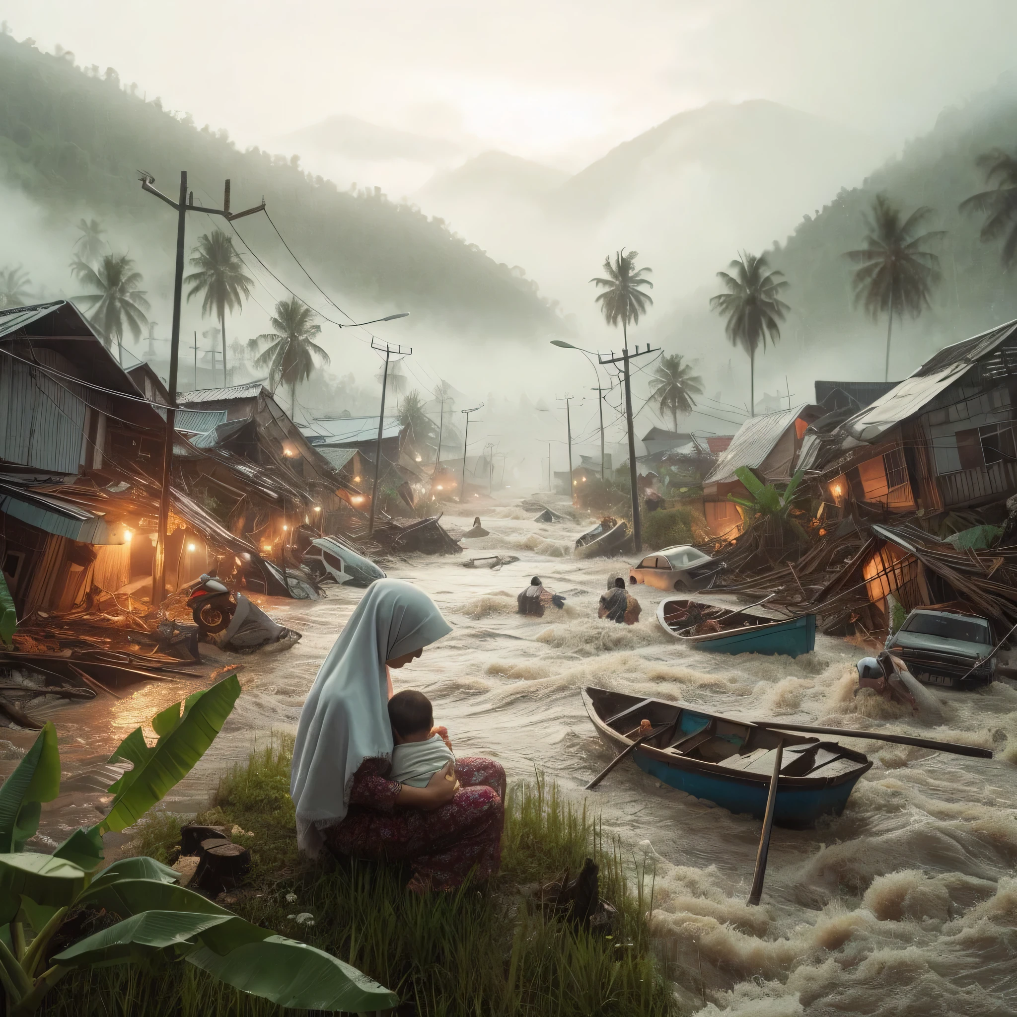 create a natural disaster event in West Sumatra, floods, people's houses destroyed, cars & boats washed away, coconut trees & banana trees uprooted, electricity poles down, landslides, foggy mountain & rice field background, broken highway, close up photo of a mother & her  sitting holding his  while praying, 8K, realistic HD