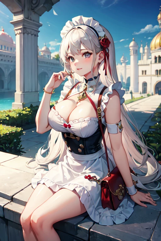 Beauty girl sit in palace paradise with baground palace the palace verry beauty and big like world tthe palace make from gold ruby and diamond make the girl wear clothes like quen beauty girl like diamond and they have many maid in around girl the maid grap gold glasss in paradise