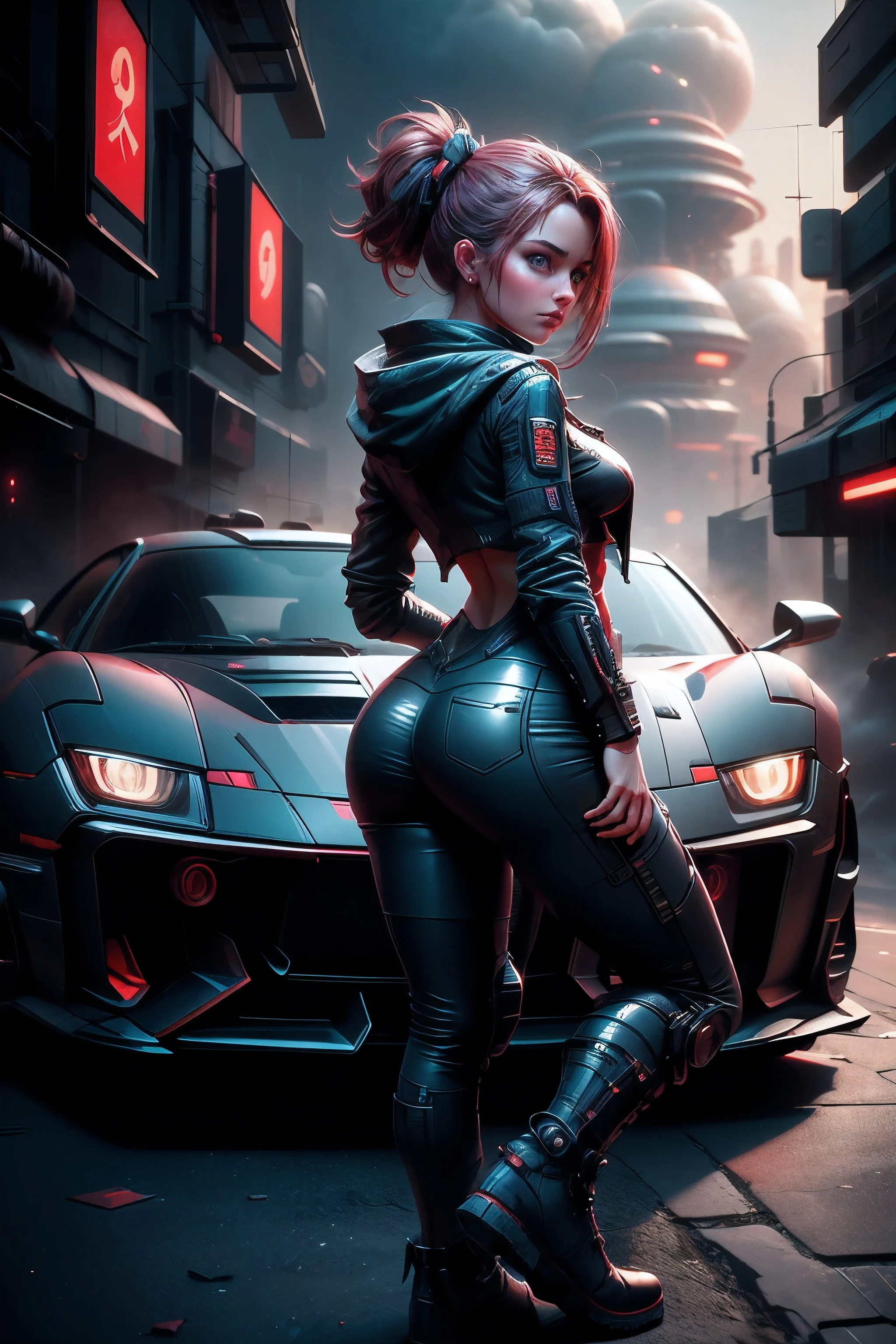 (long shot :1.2), Best quality, 4k, high-end, ultra fine: 1.2), realistic,a girl standing in front of a futuristic sports car in a city with red lights, Leather boots, rich details, big butt, cute 3D, full body portrait, (vision :1.2),
Wide-angle lens, bastien grivet, futuristic. game cg, sylvain sarrailh art style, digital conceptl art, cinematic neon matte painting, cyberpunk car,The distant sky and the spaceship in the sky