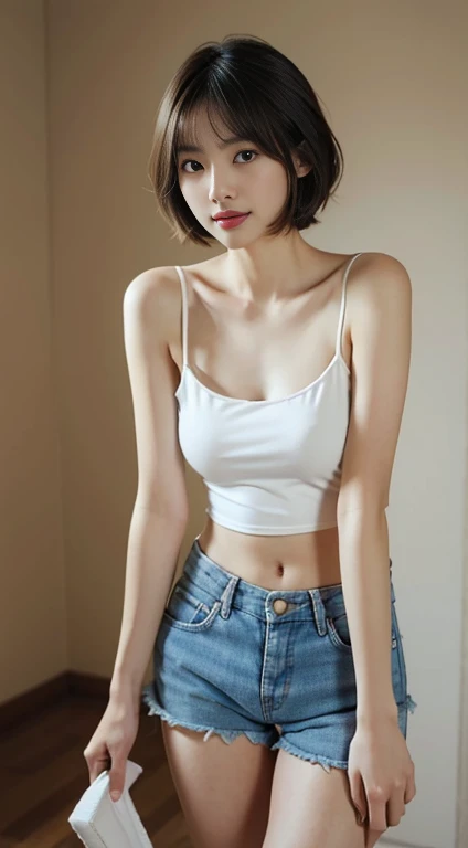 masutepiece, Best Quality, 8K, 18 yo, very beautiful Korean young girl, very beautiful face, sweet and cute face, skinny body, slender girl, slim waist, flat belly, beautiful tight round perfect breasts, beautiful tight perfect butt, slim small arms, slim small legs, slim small thighs, white skin, perfect skin,pale and soft skin,Raw photo, Soft light, Professional Lighting, Solo, Smile, close up, Face, close up, Cute, Girly, Goddess, Delicate girl, Neat and clean beauty, Full body, Digital SLR, Candid, Sophisticated, (Eyes and faces with detailed:1.0), Medium short hair swaying in the wind, Bangs, tube top, short Pants,Pink sneakers, in bedroom, standing, beautiful rounding big breasts , without bra