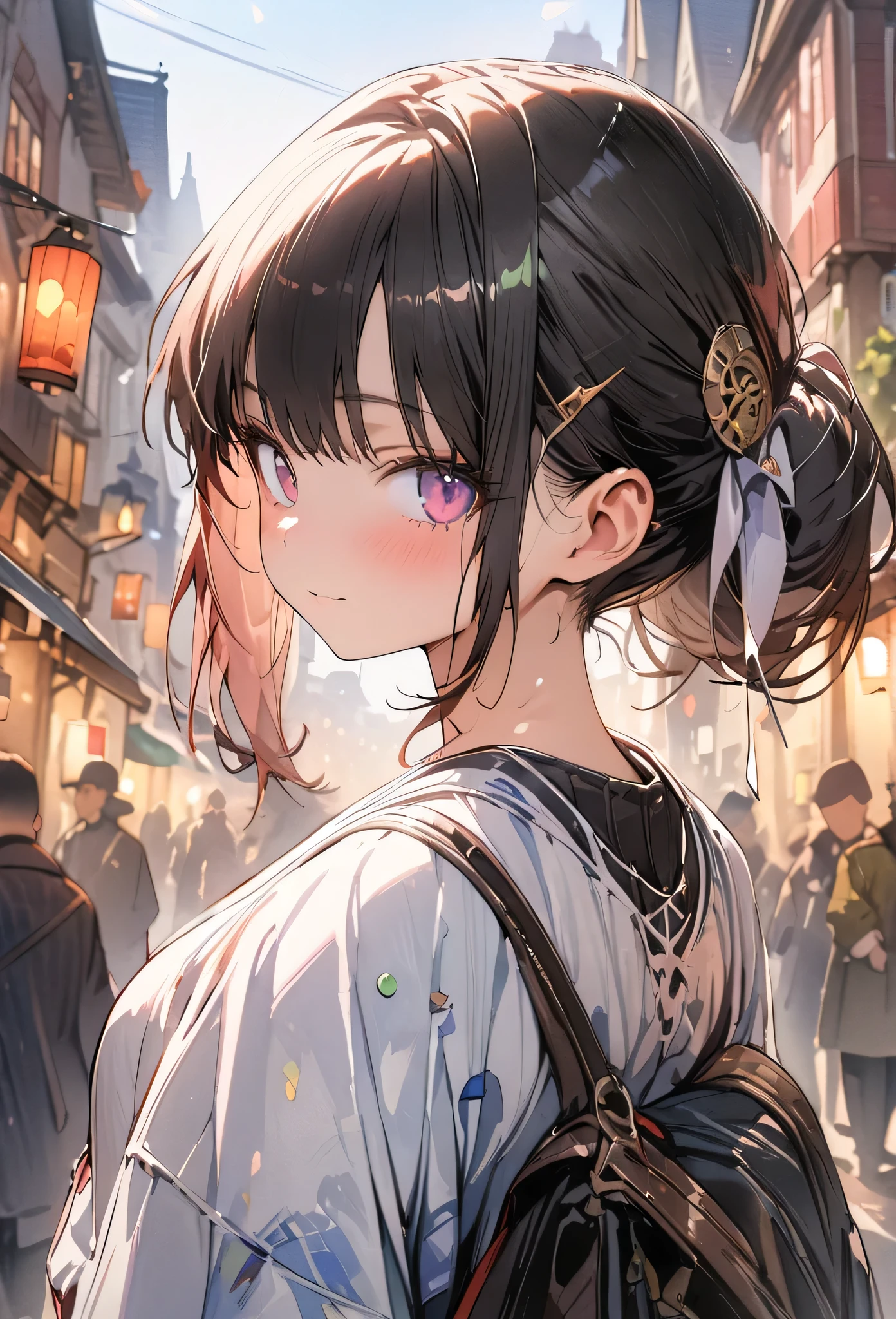 (masterpiece, best quality, highly detailed, absurdres:1.3), (2girl, cute, charming, detailed beautiful face:1.3), 2girl, back to back, buddy, (fantastic illustration, beautiful detail, best quality, top quality, fain touch outline:1.3), watercolor, background city town, lighting, tangle, beautiful detail, tangle, cute illustration, clear