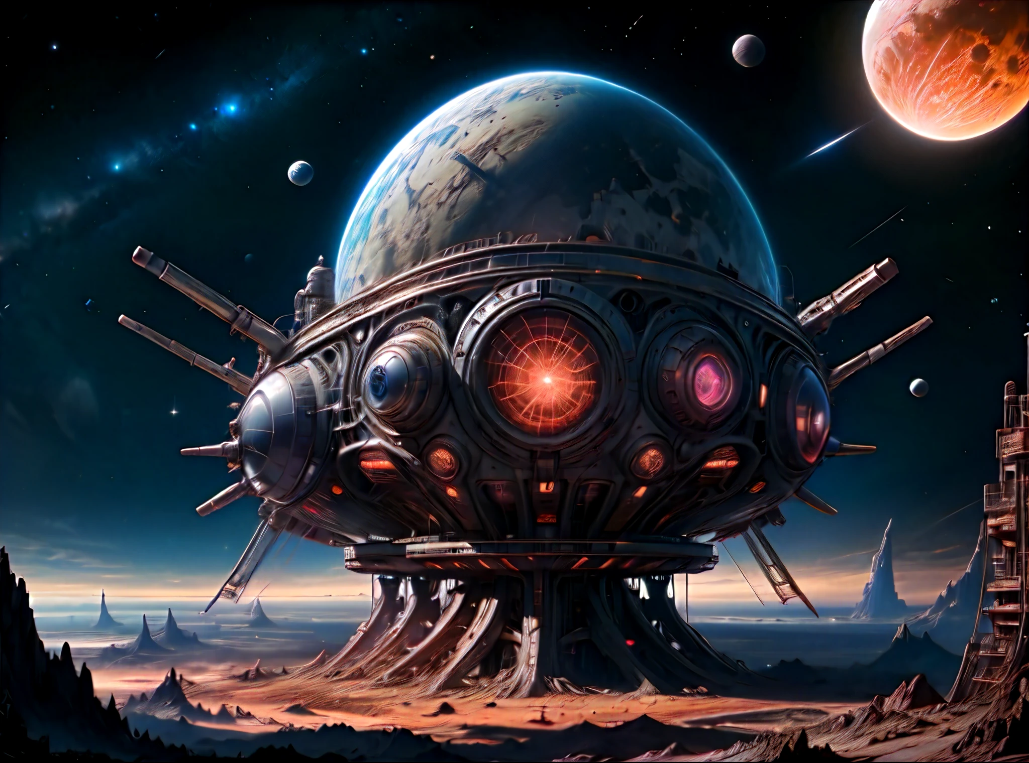 deep space, um antigo navio parcialmente enterrado, erected under a starry sky, constellations shrouded in cinematic mystery, futuristic space station, Empty starry sky background
