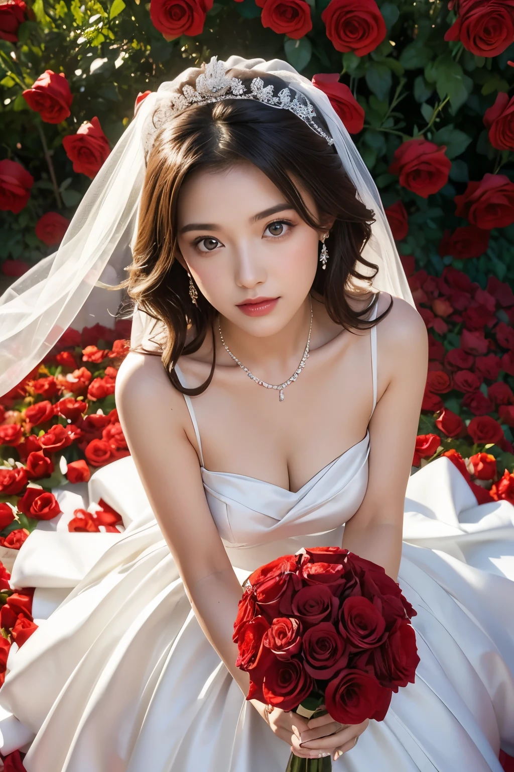 Beautiful woman holding a bouquet of red roses, wearing a wedding dress,  magazine pose,