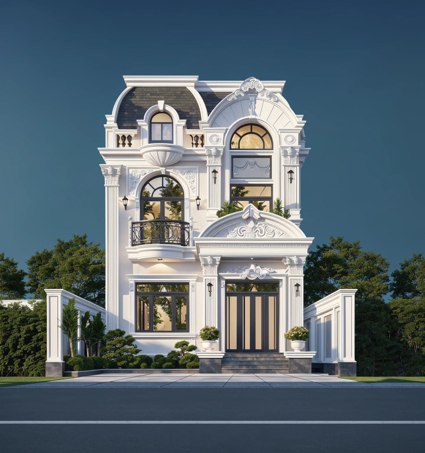 PLATFORM KTHOUSE, 1 morden WHITE house, slope roof, main material of villa about build color wall:1.2 glass panel:1.1 and stone:1.2, 1large yard, 1 road runs in front of the house, (RAW photo, real, best quality, masterpiece:1.2), look morden minimalist, 1 road in front of the house, dynamic lighting:1.3, (hyper realistic, photo-realistic:1.2), high quality, (dark lighting:1.2), perfect lighting, archdaily, no human, light at 12 noon, light in door:1.2