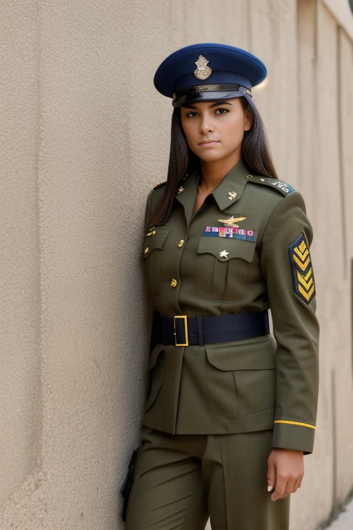 Mujer en uniforme posando para una foto frente a una pared, chica militar, beautiful female soldado, infantry girl, soldado girl, wearing a uniforme militar, wearing uniforme militar, portrait of a female soldado, portrait of soldado girl, militar, Army Uniform, soldado, wearing dirty soldado uniform, in a soldado uniform, in uniform, uniforme militar.