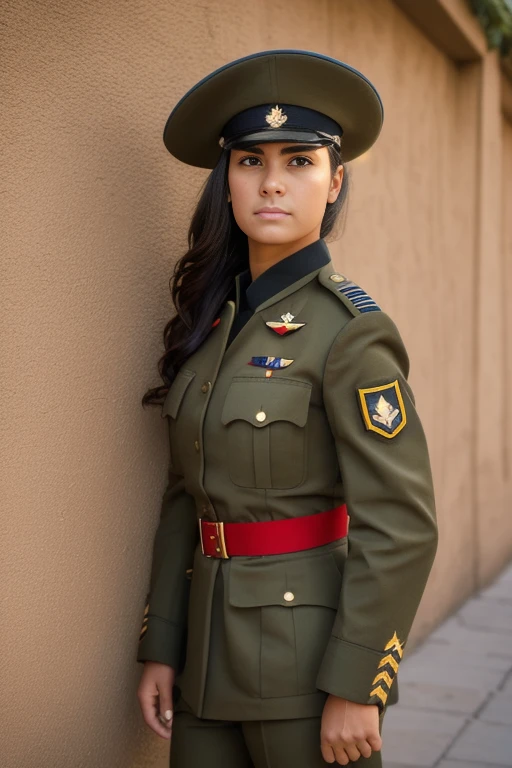 Mujer en uniforme posando para una foto frente a una pared, chica militar, beautiful female soldado, infantry girl, soldado girl, wearing a uniforme militar, wearing uniforme militar, portrait of a female soldado, portrait of soldado girl, militar, Army Uniform, soldado, wearing dirty soldado uniform, in a soldado uniform, in uniform, uniforme militar.