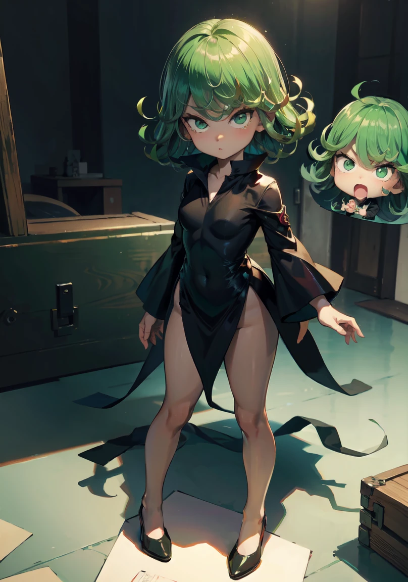 chibi、tatsumaki,full body、Characters are stored in small, transparent, elongated capsules.、Great lighting, ((masterpiece)), highest quality, Beautiful art, Photorealism