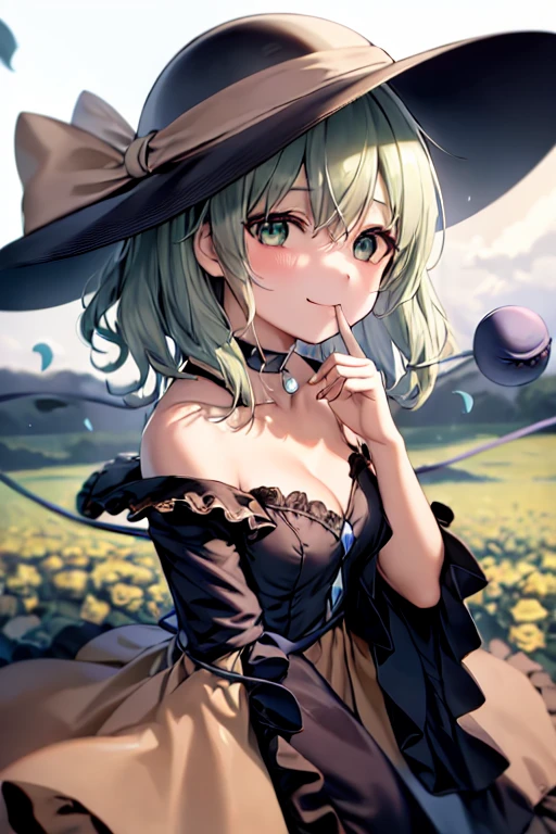 masterpiece, best quality, 1girl, solo, green eyes, komeiji koishi, hat, green hair, Nail Art, flower, blue flower, blue rose, rose, detached sleeves, short hair, bare shoulders, third eye, breasts, bow, smile, petals, dress, from side, medium breasts, looking at viewer, outdoors, black headwear, long sleeves, frills, cloud, wide sleeves, hat bow, closed mouth, choker, alternate costume, sky, black dress, white bow, blush, bangs, hair between eyes, flower field, finger to mouth, frilled sleeves, hand up, field, strapless, eyeball, white skirt, cloudy sky, hat ribbon, ribbon, strapless dress, detached collar, finger to cheek, adapted costume, standing, cowboy shot, upper body
