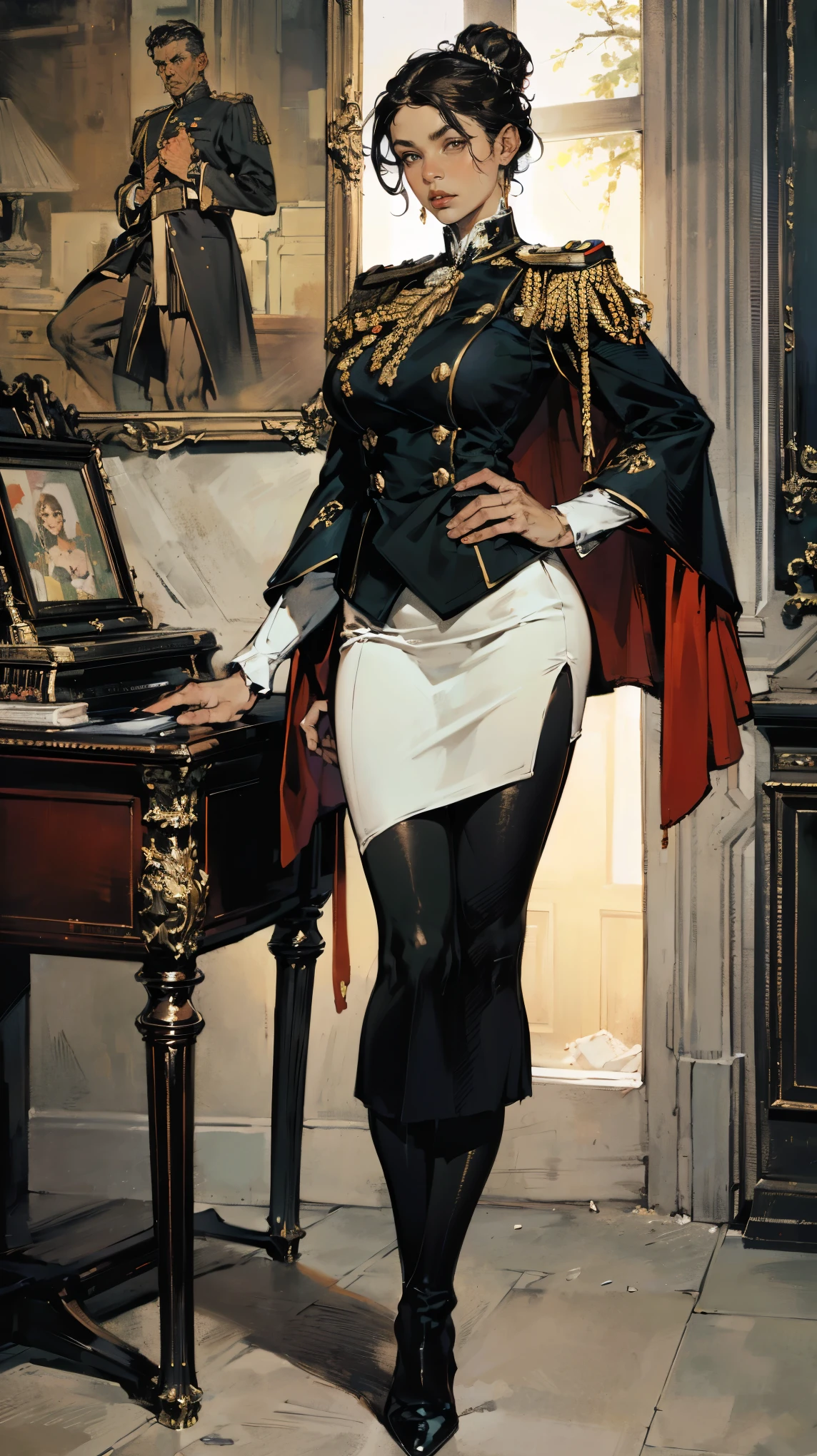 (Best quality, 4K, high resolution, masterpiece, ultra-detailed, realistic anatomy, photo-realistic:1.37), alluring mature woman, high-ranking military officer, (wearing Prussian Field Marshal uniform), (black double-breasted jacket adorned with medals), (matching pencil skirt), (matching shoulder cape), Prussian field marshal cap, black stocking, heel boots, chestnut hair, elegantly styled in a chignon bun, standing authoritatively while holding the Field Marshal's baton, This full-body portrait captures her formidable presence and power, with sharp focus on her uniform's intricate details, her numerous medals, and her intense gaze, The image evokes an aura of experience, discipline, and supreme authority, set against an impressive military headquarters backdrop,