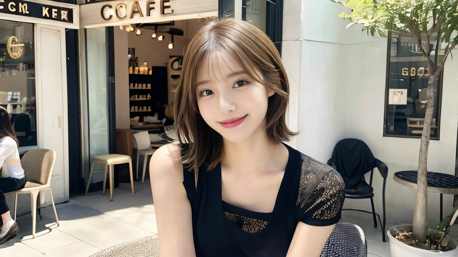 super high quality, Short Hair, Slender, Gravure photoshoot, The staff is working at the counter in the back., (8k、RAW Photos、highest quality、masterpiece:1.2), Japanese Idol, Sportswear, Stylish café, The cafe is crowded with people enjoying themselves., (Realistic、Photorealistic:1.37), Mesh Hair, Urban Cafe, Golden Ratio, Raw photo, Cute face , Light Brown Hair, Small breasts, Bright cafe interior, Blurred Background, Beauty salon model, Spring Clothes, Beautiful hairstyle, Spoiled, Cafe Terrace, Open Cafe, Smile, Hair blowing in the wind, Neat clothes, 18-year-old, younger sister,