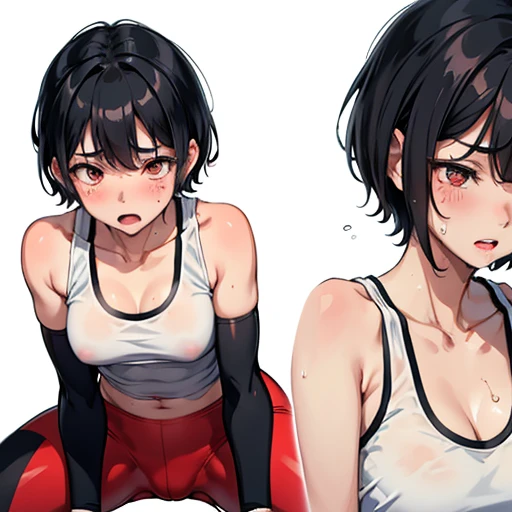 Cute Japanese high school girl with short cut, dark hair, drenched in sweat. Mixed martial arts gym. She is lying face down. She is holding her painful reddish belly with both hands, both eyes tightly closed, screaming and in agony. Out of breath, tank top, leggings, open finger gloves. Small breasts, poor belly, slender body, poor body.