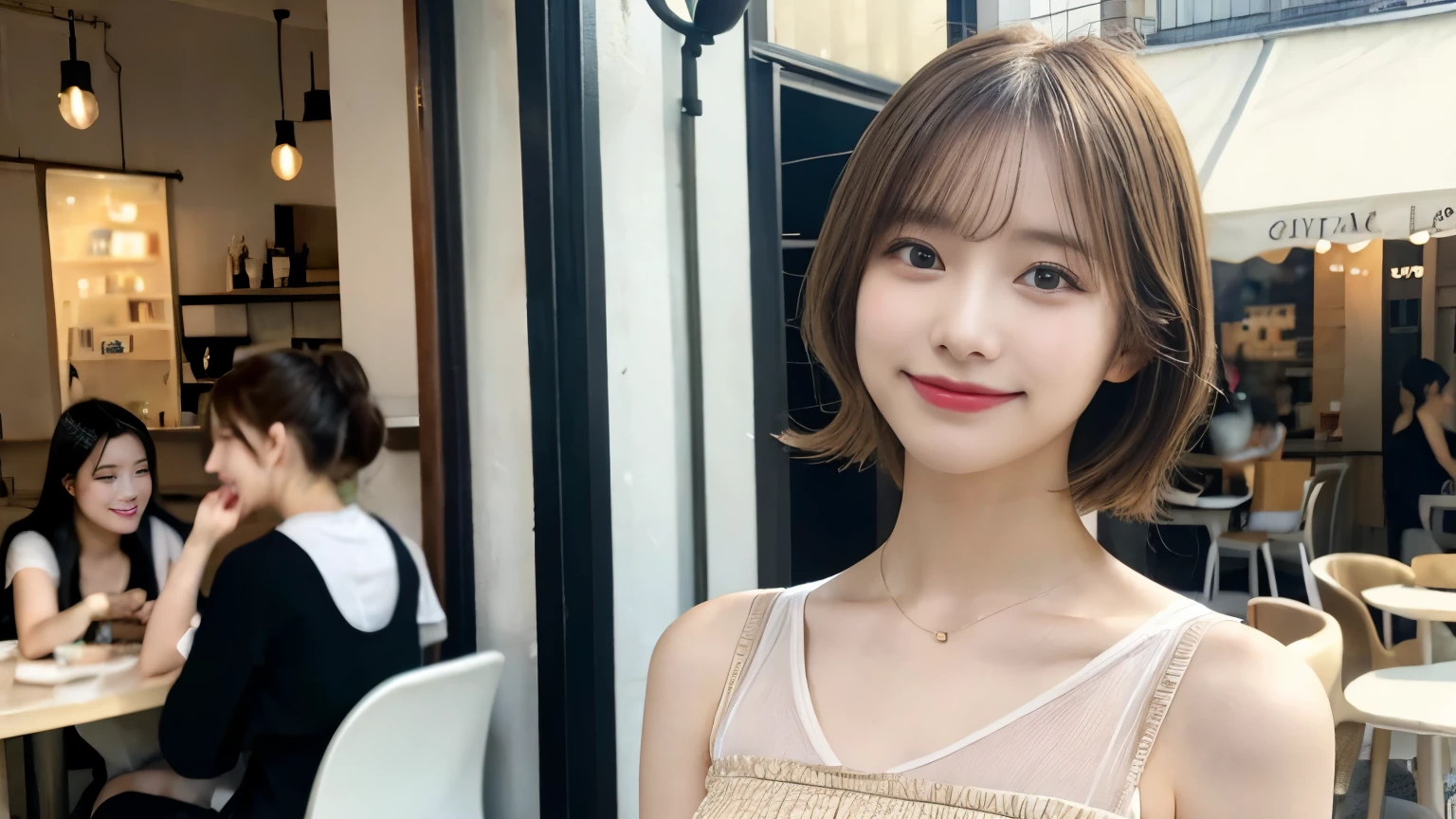 super high quality, Short Hair, Slender, Gravure photoshoot, The staff is working at the counter in the back., (8k、RAW Photos、highest quality、masterpiece:1.2), Japanese Idol, Sportswear, Stylish café, The cafe is crowded with people enjoying themselves., (Realistic、Photorealistic:1.37), Mesh Hair, Urban Cafe, Golden Ratio, Raw photo, Cute face , Light Brown Hair, Small breasts, Bright cafe interior, Blurred Background, Beauty salon model, Spring Clothes, Beautiful hairstyle, Spoiled, Cafe Terrace, Open Cafe, Smile, Hair blowing in the wind, Neat clothes, 18-year-old, younger sister,