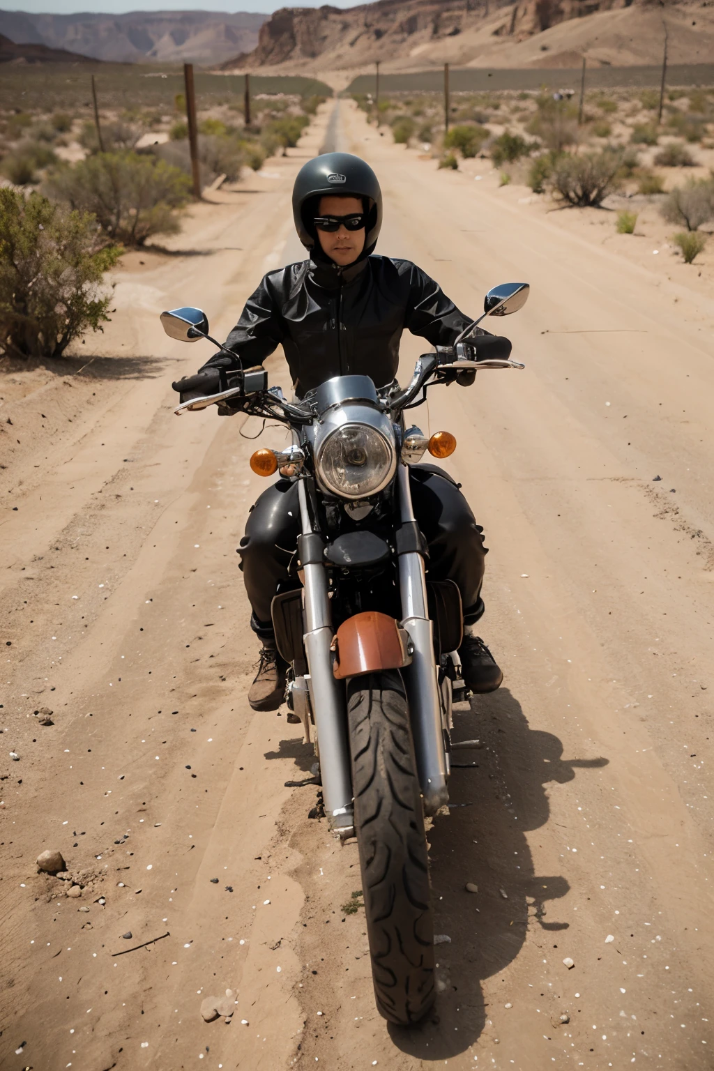 estrada no deserto, with a lonely motorcycle, a post about fuel from a foreign ship