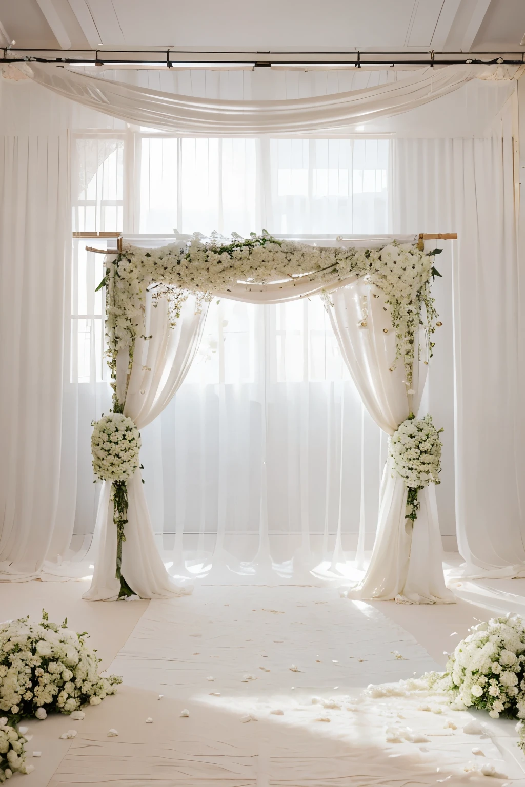(a white wedding arch with white flowers, only rectangular scenery with white background curtain),classic wedding decor, elegant and dreamy atmosphere, soft and romantic, high quality materials, detailed craftsmanship, delicate textures, intricate floral arrangements, ethereal and lightweight, pure white color palette, natural lighting, soft shadows, fine art photography style
